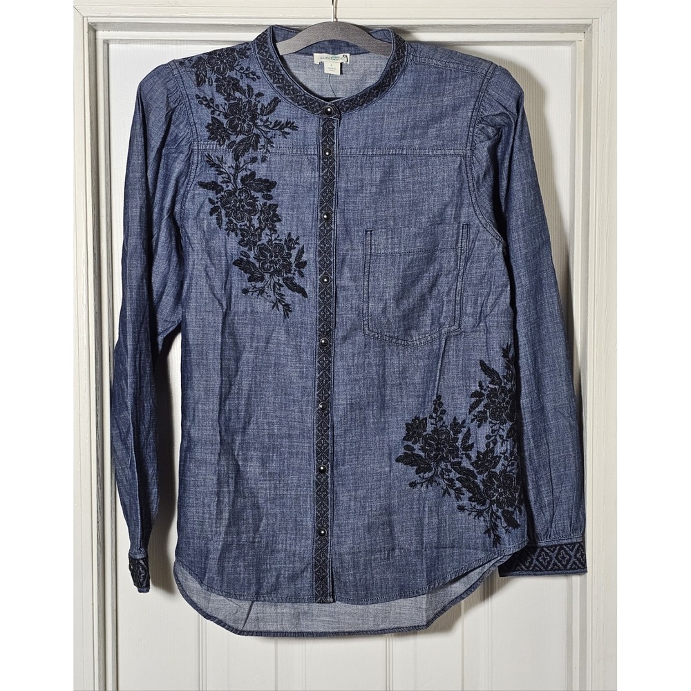Sundance Lennon Embroidered Snap Button Up Shirt Size Large Floral Blue